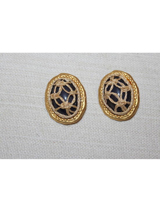 Robert Rose Jewelry - Vintage Robert Rose Blue Cabochon Gold Tone Clip-On Earrings Rope Detail